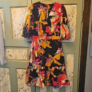 NY&CO SIZE MED COLORFUL TOP WRAP, INSET WAISTBAND AND ELASTIC BACK Custom Fit